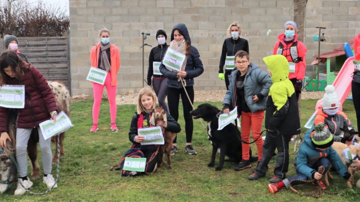 un groupe de jeunes et d'adultes accompagnés de chiens, ane, brebis et autres animaux pour la marche organisée.