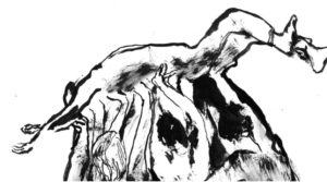illustration d'Edmond Baudoin : forme abstraite au trait, qui semble représenter le corp d'un homme soulevé par une foule.