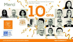 affiche de la MSA : "merci aux femmes et hommes qui font vivre BULLE D'AIR depuis 10 ans", avec une mosaïque de portraits en noir et blanc