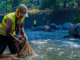 un homme avec gilet jaune, marche dans un fleuve/rivière avec un sac en tissu et semble mettre quelque chose dedans