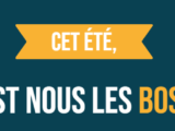 Texte sur fond bleu - slogan extrait du site de la CJS (Coopérative jeunesse de services) : "cet été, c'est nous les boss"