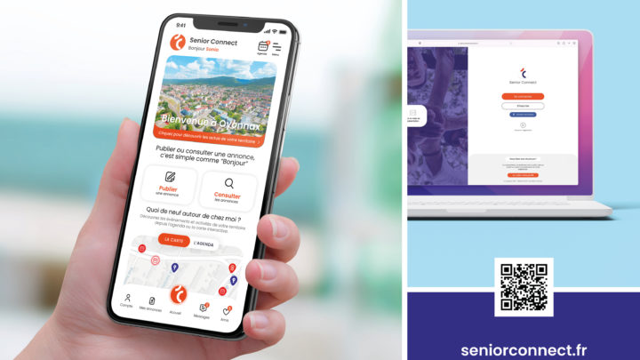 aperçus de l'application Senior connect sur téléphone et ordinateur