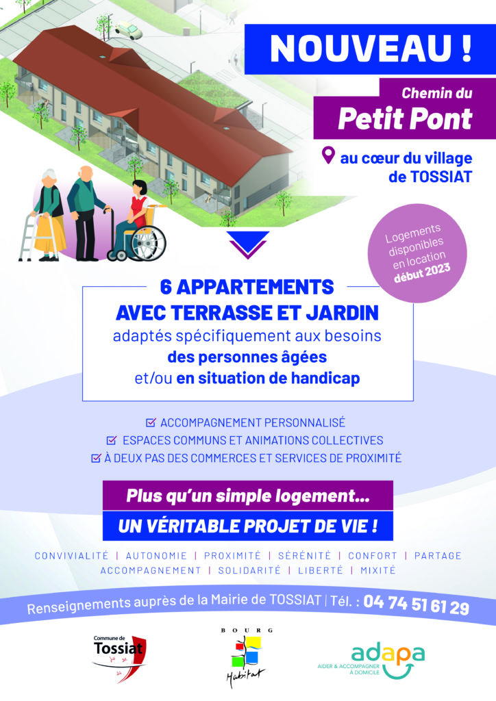 Projet à Tossiat (avec d'Adapa et Bourg Habitat) : affiche explicative du projet de 6 appartements avec terrasse et jardin pour personnes âgées et handicapées