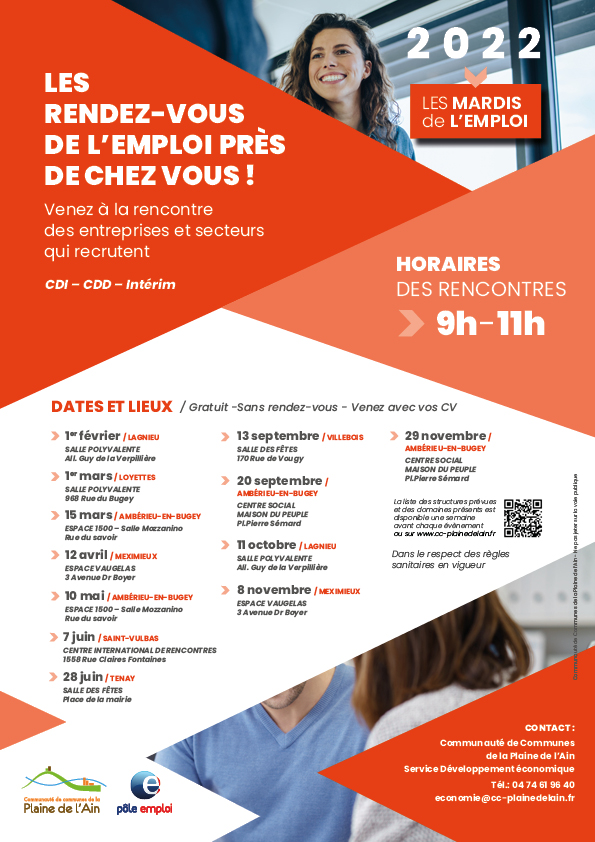 affiche des mardis de l'emploi, avec toutes les dates et lieux du 1er février au 29 novembre 2022