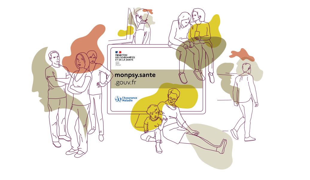illustration de personnes en train de discuter autour de l'écran du site web "monpsy.sante.gouv.fr" avec les logos du Ministère de la santé et de l'assurance maladie