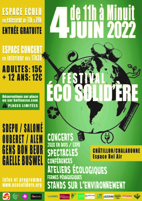Affiche du festival Eco-Solidaires du 4 juin 2022 (concerts, spectacles, ateliers, stands...)