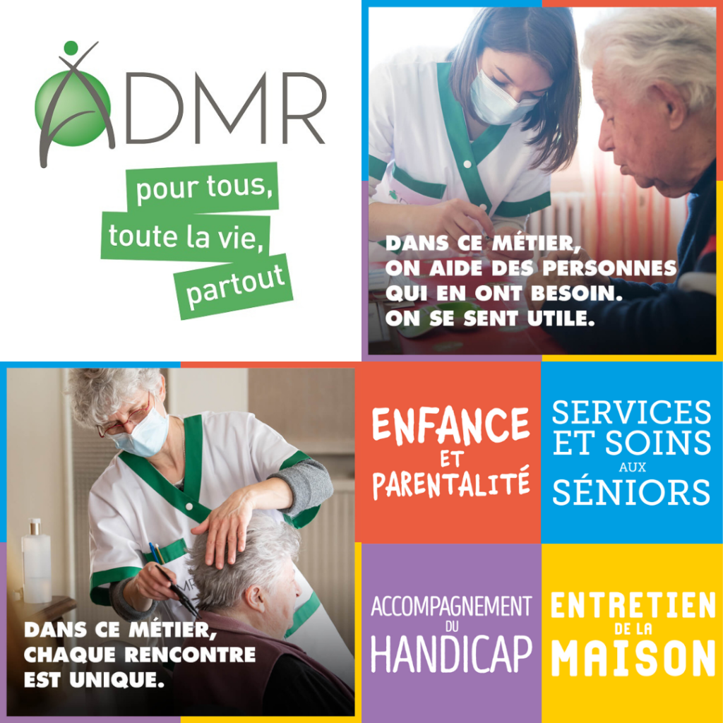 visuel de la campagne 2022 : logo ADMR, images de soignants avec leurs patients, noms des grands secteurs d'activité de l'association