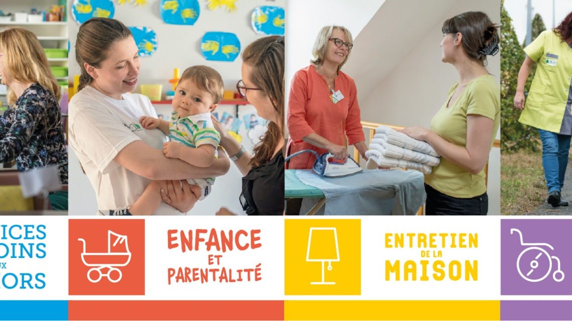 visuel de la campagne 2022 : logo ADMR, images de soignants avec leurs patients, noms des grands secteurs d'activité de l'association