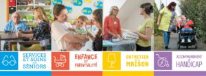 visuel de la campagne 2022 : logo ADMR, images de soignants avec leurs patients, noms des grands secteurs d'activité de l'association