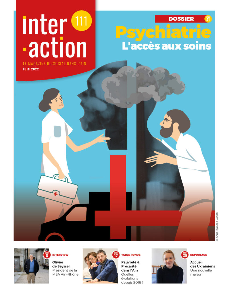 couverture du numéro 111 d'Interaction, avec une illustration de 2 infirmiers et d'une ambulance autour d'une silhouette noire ayant un nuage autour de la tête, ce qui représente une personne souffrant mentalement