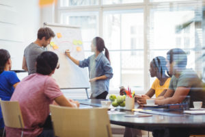 Des personnes en réunion travaillent et l'une d'elles écrit sur un paperboard.