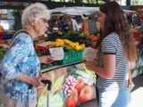 Une jeune fille distribue des flyers au marché de Bourg en Bresse, elle le donne à une dame âgée devant les étals d'un primeur.