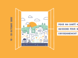 Bandeau de la 33e édition de la Semaine d'information sur la santé mentale représentant une fenêtre ouverte sur une ville derrière laquelle on peut voir des collines vertes et un soleil (illustration numérique)