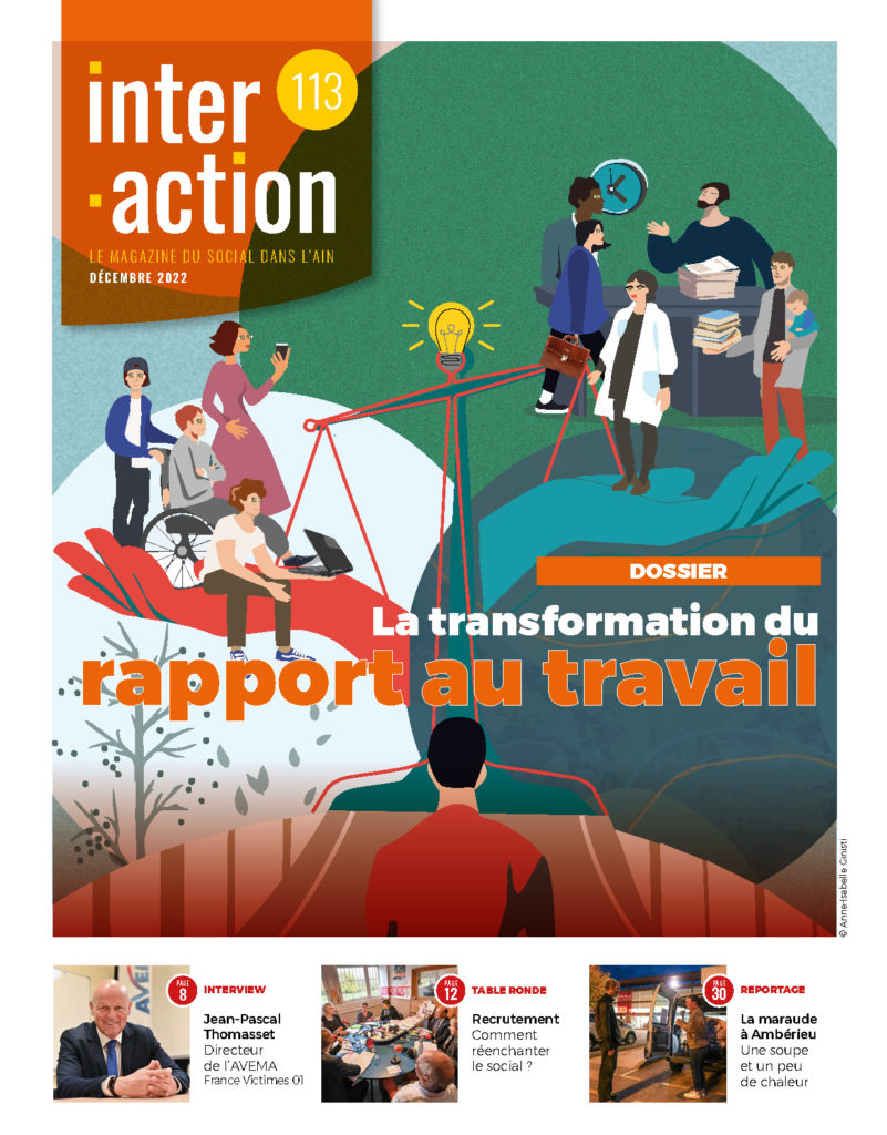 Couverture du 113e numéro du magazine Interaction - titre "la transformation du rapport au travail" (illustration numérique)