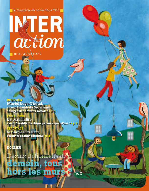 Couverture du mag n°86 (déc 2015) : illustration numérique / collage : des enfants jouent au ballon, un enfant handicapé est poussé par un autre et fait voler des cerfs-volants, des adultes discutent.