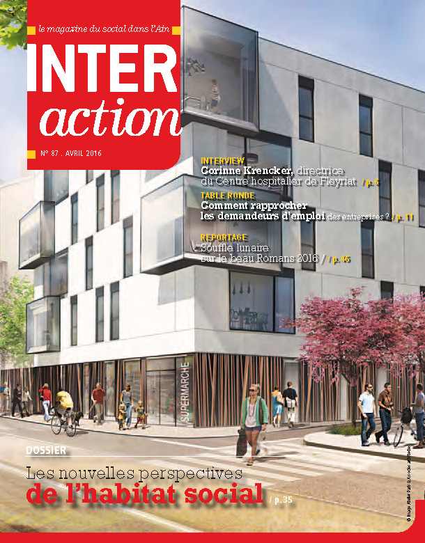 Couverture du mag n°87 (avril 2016) : conception numérique d'un bâtiment moderne à l'angle d'une rue animée par de nombreux passants