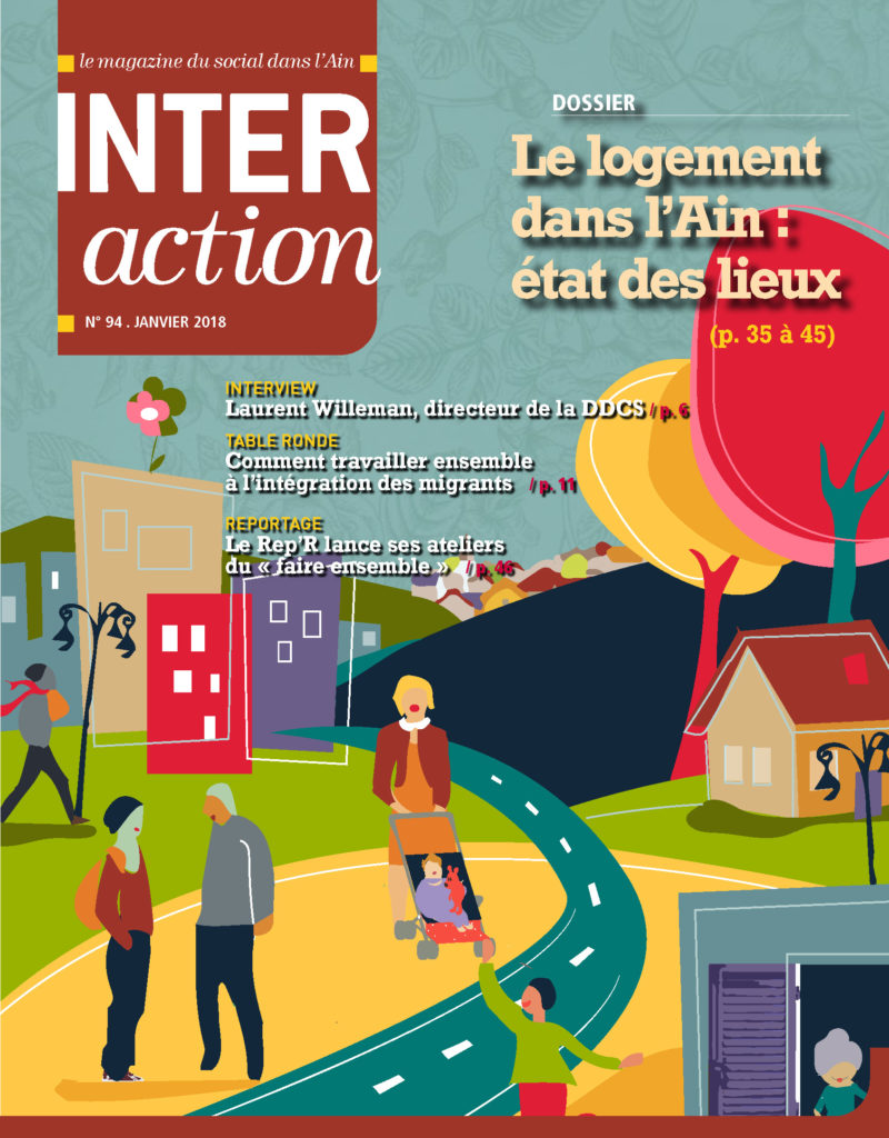 Couverture du mag n°94 (jan 2018) : illustration numérique d'une rue avec immeubles, maisons, arbres ... et des habitants de tous âges et couleurs