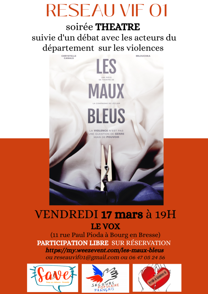 AFFICHE de la soirée "les maux bleus" organisée par le réseau VIF 01 à Bourg en Bresse le 17.03.23