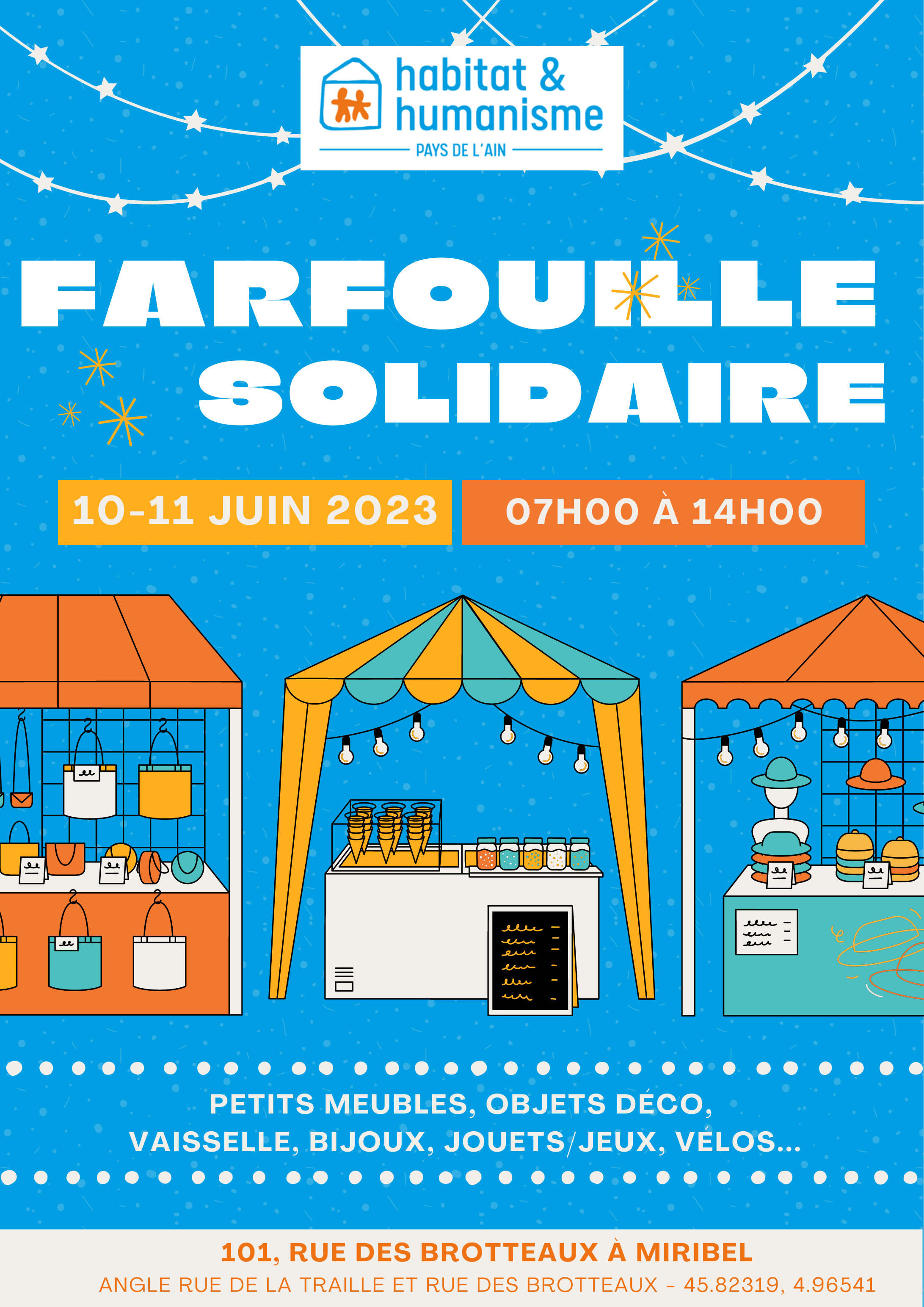 affiche promotionnelle pour la farfouille solidaire de Miribel (Ain) le 10 et 11 juin 2023