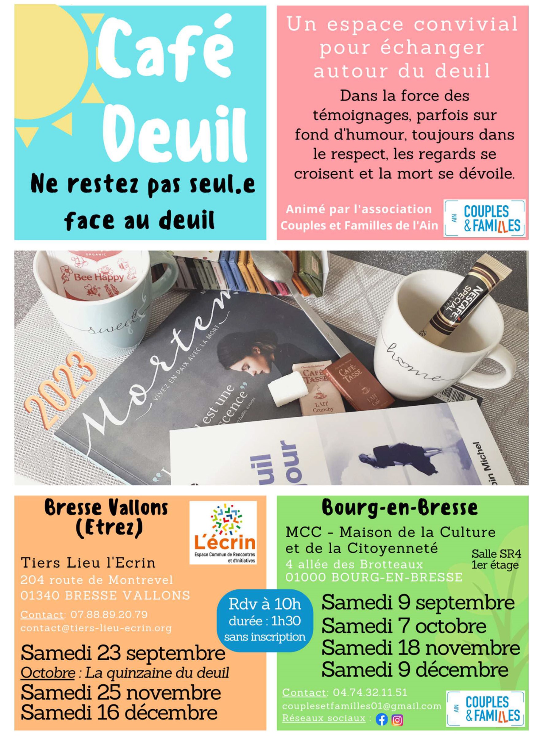 affiche du café deuil pour l'automne 2023, avec les dates prévues à Bresse Vallons (Etrez) et Bourg en Bresse du 9 septembre au 16 décembre