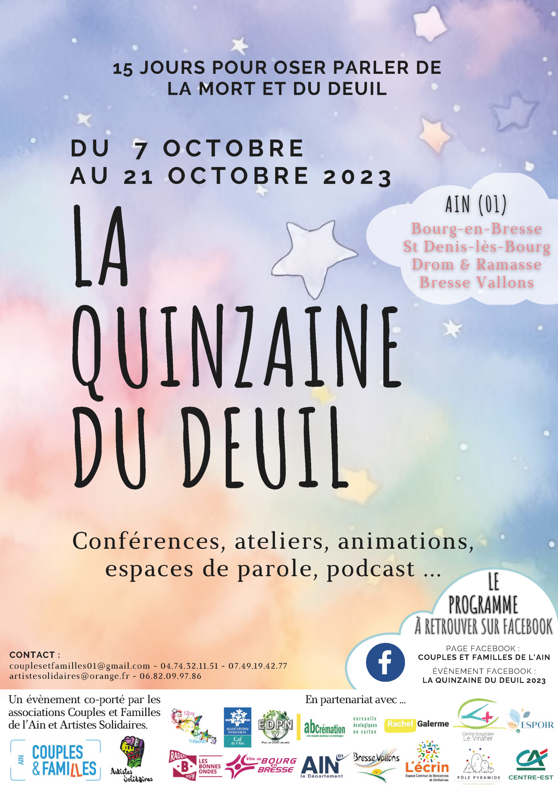 Affiche "la quinzaine du deuil" du 7 au 21 octobre 2023 dans l'Ain - "15 jours pour oser parler de la mort et du deuil - conférences, ateliers, animations, espaces de parole, podcast..." Le fond de l'affiche est en en aquarelle et représente un ciel étoilé. 